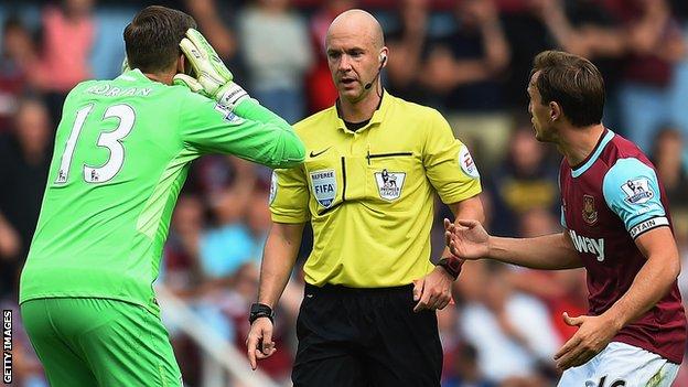 West Ham goalkeeper Adrian is sent off against Leicester