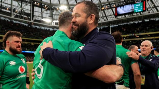 Andy Farrell embraces Peter O'Mahony after Ireland's win over France