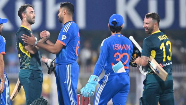 Glenn Maxwell was congratulated by the Indian players