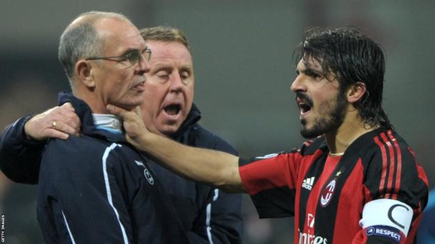 Gennaro Gattuso (right) hols Joe Jordan (left) by the throat as Harry Redknapp tries to intervene