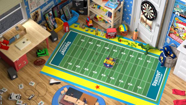 Andy's room from Toy Story, as it will appear for an animated live broadcast of the NFL game between the Jacksonville Jaguars and Atlanta Falcons