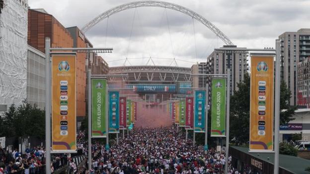 Fans walk towards Wembley stadium