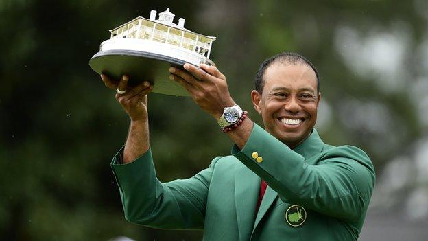 Tiger Woods celebrates winning the 2019 Masters at Augusta National