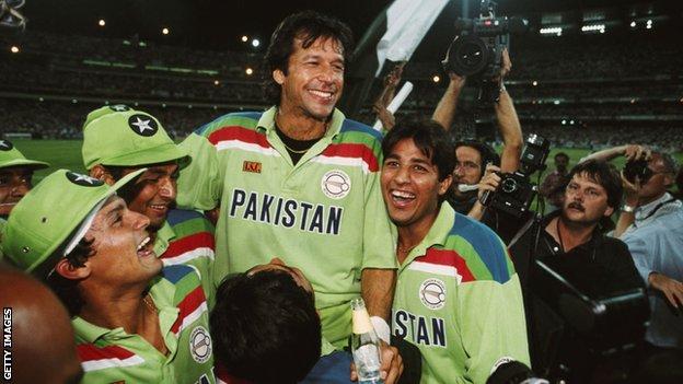 Imran Khan celebrating after the 1992 World Cup final