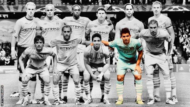 Man City's starting XI in their first Champions League game in the club's history, a 1-1 draw against Napoli in September 2011. Back row L-R Hart, Kompany, Toure, Barry, Lescott, Dzeko. Front row: Silva, Zabaleta, Nasri, Aguero, Kolarov