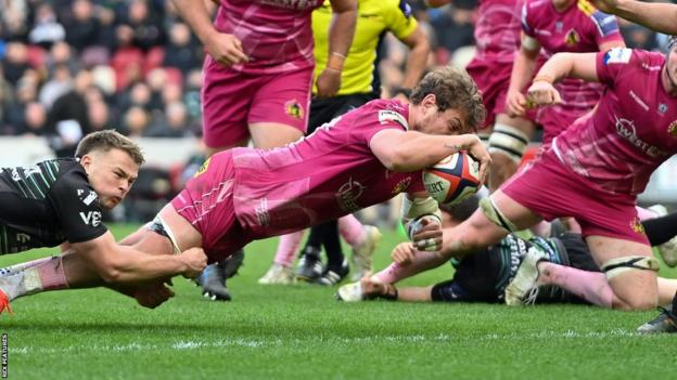 Aidon Davis scores a try in last season's Premiership Rugby Cup final win over London Irish