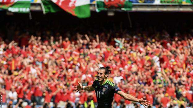 Gareth Bale celebrates scoring against England at Euro 2016