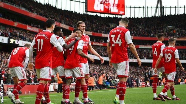 Gabriel Jesus celebrates with his team-mates after scoring for Arsenal against Leeds in the Premier League