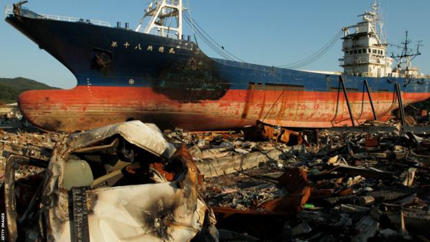 A ship which was destroyed and pushed up on the land by the earthquake and tsunami that hit Japan in 2011