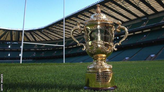 The Webb Ellis Cup is pictured on the Twickenham pitch, where the final will take place