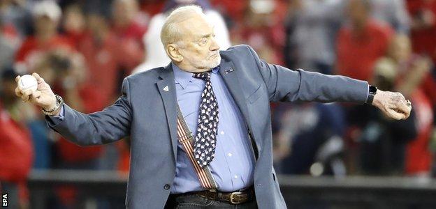 Buzz Aldrin throws out the first pitch