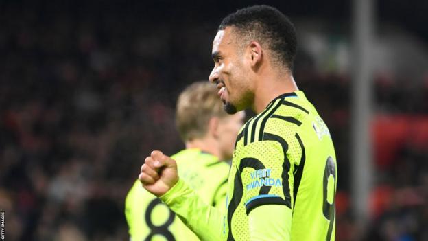 Gabriel Jesus celebrates after opening the scoring against Nottingham Forest