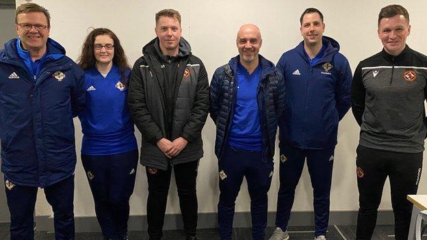 Dundee United's academy director Andy Goldie with the Club NI coaches during his pre-lockdown trip to Northern Ireland