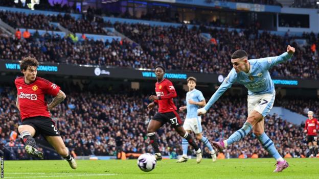 Phil Foden kicks the ball towards goal