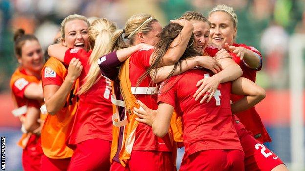 England Women celebrate beating Germany at the World Cup