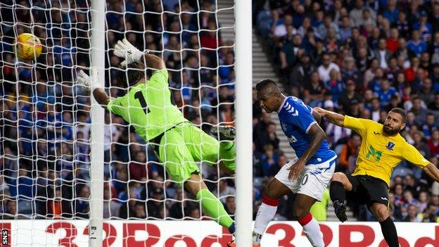 Alfredo Morelos scores a headed goal for Rangers