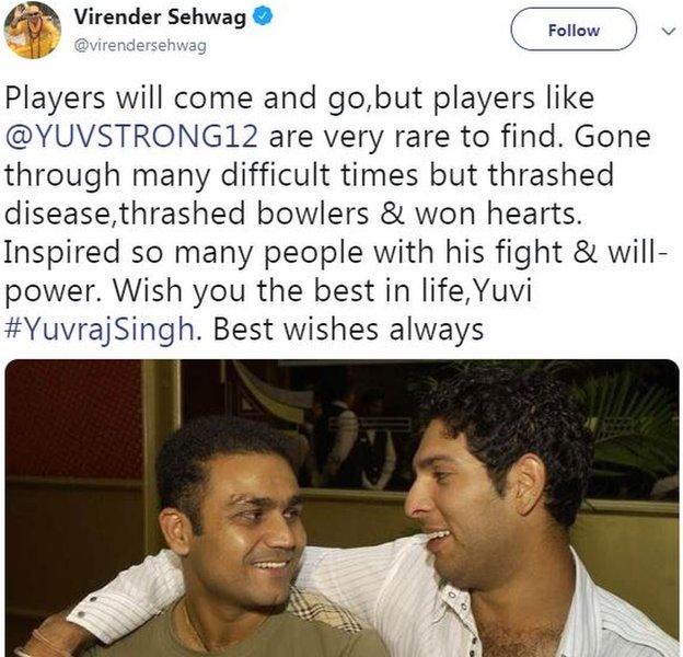 Virender Sehwag tweet responding to Yuvraj's retirement