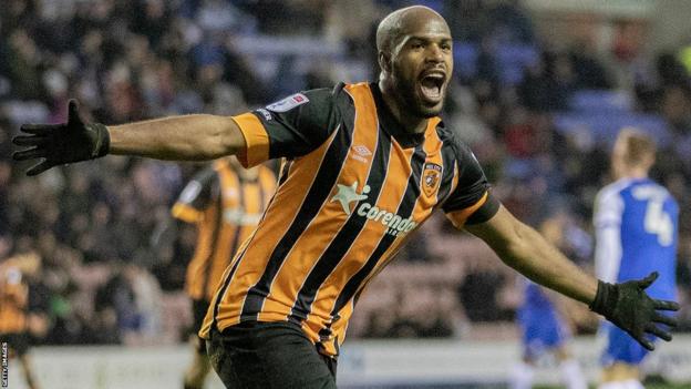 Hull City striker Oscar Estupinan celebrates scoring against Wigan in the Championship