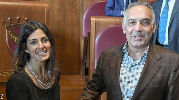 Mayor of Rome Virginia Raggi and Roma owner James Pallotta