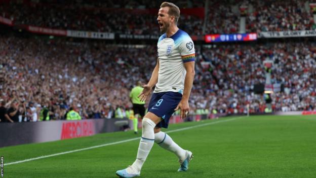 Harry Kane celebrates his goal for England against North Macedonia at Old Trafford in June