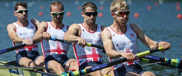 Peter Chambers (second from left) will be involved in the lightweight four B final on Sunday