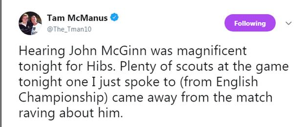 Tam McManus tweets about John McGinn