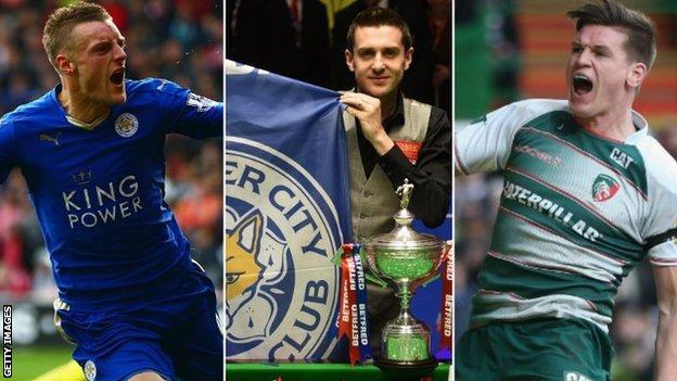 Leicester City's Jamie Vardy (left), snooker World Champion Mark Selby (centre) and Leicester Tigers' Freddie Burns