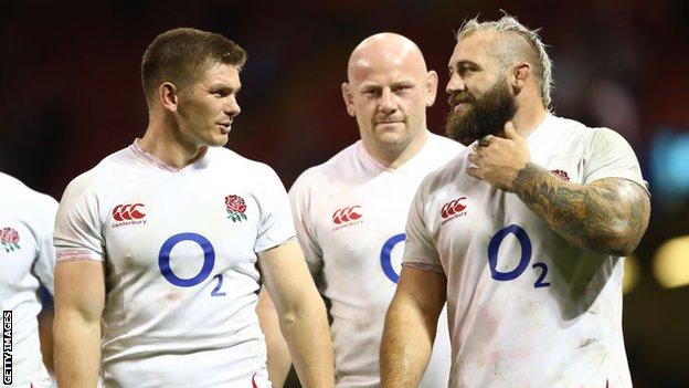 Owen Farrell (left) and Joe Marler (right) talk as they leave the pitch following the England v Wales match in Cardiff in 2019