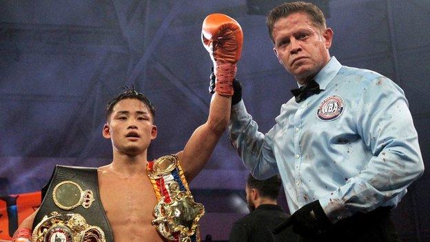 Japan's Hiroto Kyoguchi celebrates his victory against Mexican Esteban Bermudez in Guadalajara