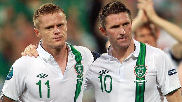 Damien Duff and Robbie Keane together after the Republic of Ireland's defeat by Italy at Euro 2012