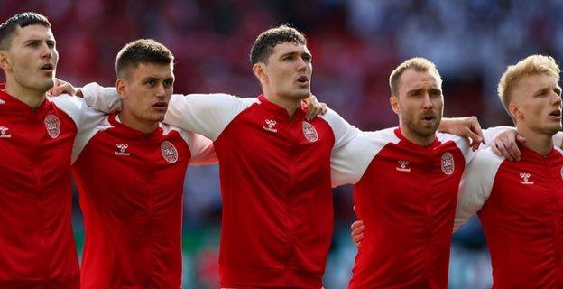 Christian Eriksen (second from right) and Denmark were playing their opening match of Euro 2020