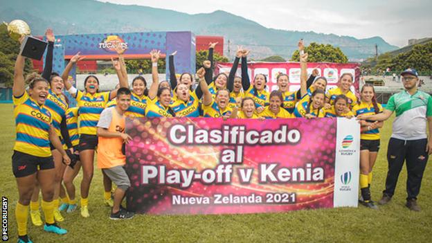 Colombia women celebrate reaching the play-off v Kenya