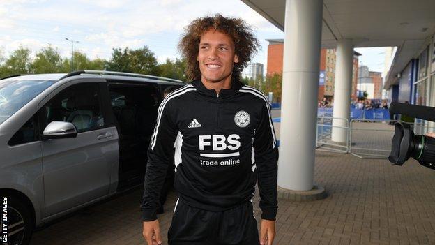 Wout Faes of Leicester City arrives ahead of the Premier League match between Leicester City and Manchester United