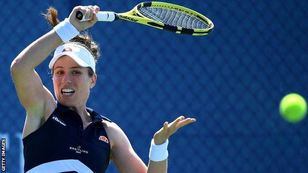 Johanna Konta hits a return against Katie Boulter at the Battle of the Brits Team Tennis event