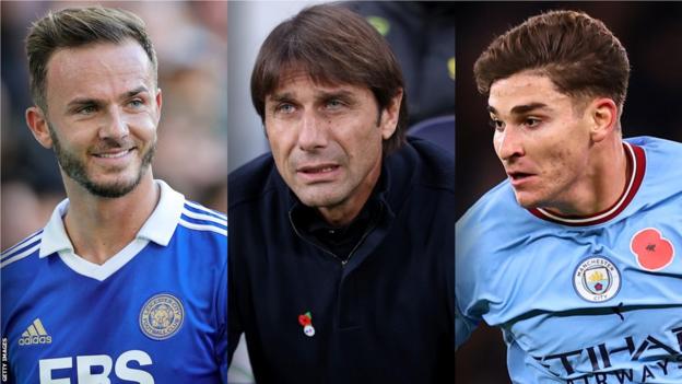 James Maddison, Antonio Conte and Julian Alvarez