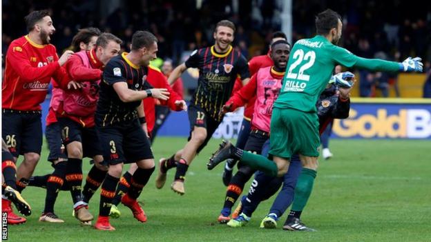 Goalkeeper Alberto Brignoli celebrates scoring for Benevento