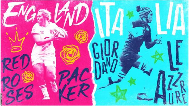 A graphic with a picture of Marlie Packer on one side and the words 'England. Red Roses. Packer. On the other side, a picture of Elisa Giordano and the words 'Italia. Giordano. Le Azzurre'
