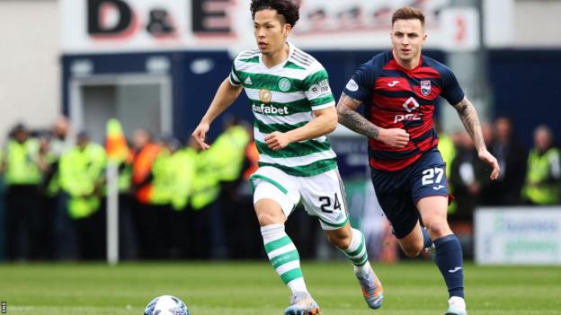 Celtic's Tomoki Iwata and Ross County's Eamonn Brophy