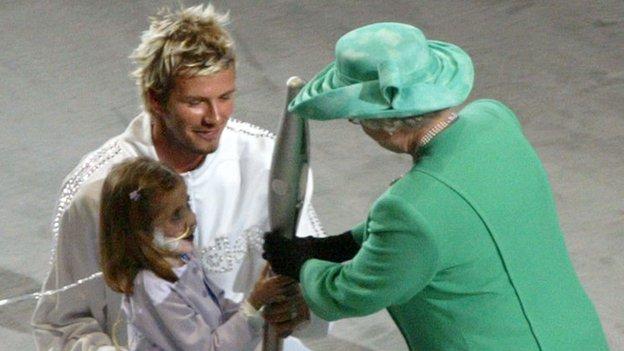 The Queen with David Beckham and Kirsty Howard