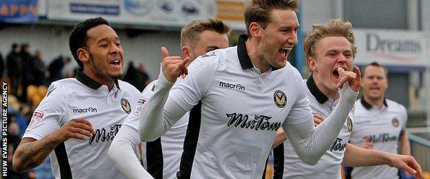 Ryan Bird celebrates after scoring for Newport