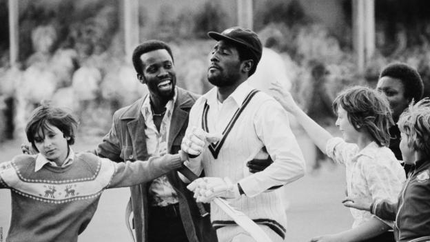 West Indies cricketer Viv Richards is greeted by fans after the first Test, West Indies tour of England at Trent Bridge, Nottingham, UK, 3rd June 1976