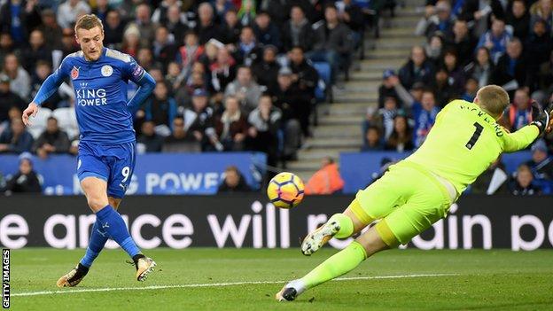 Jamie Vardy scores against Everton during Leicester's 2-0 win at the King Power Stadium in October
