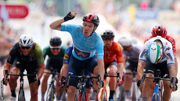 Ethan Hayter celebrates winning stage five of the Tour of Britain