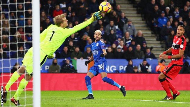 Riyad Mahrez scoring for Leicester against Huddersfield on 1 January