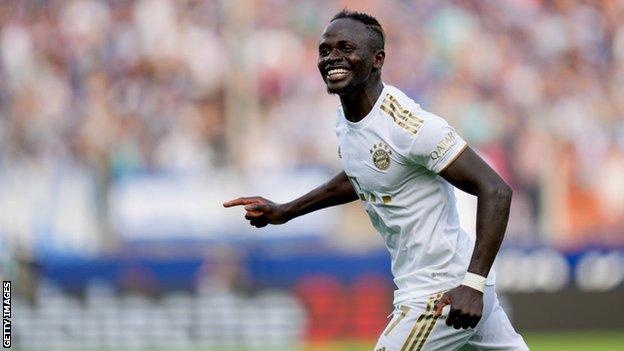 Sadio Mane celebrates after scoring for Bayern Munich