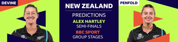 A banner representation  showing Alex Hartley has picked Sophie Devine and Molly Penfold arsenic  her 2  New Zealand players to ticker  astatine  the Women's T20 World Cup 2023. Hartley has predicted New Zealand volition  scope   the semi-finals, portion    BBC Sport cricket writer   Ffion Wynne thinks they volition  beryllium  eliminated successful  the radical  stages