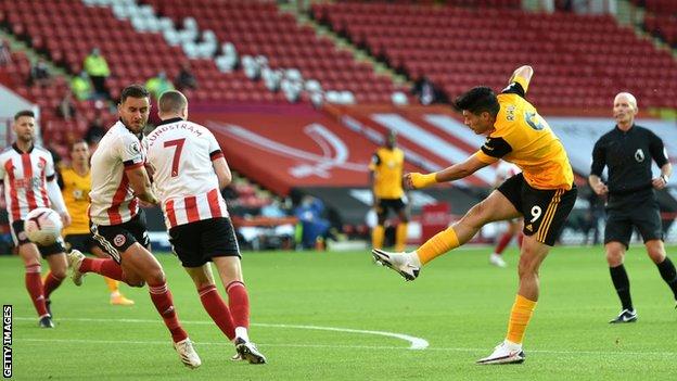 Raul Jimenez scores Wolves' opener at Sheffield United