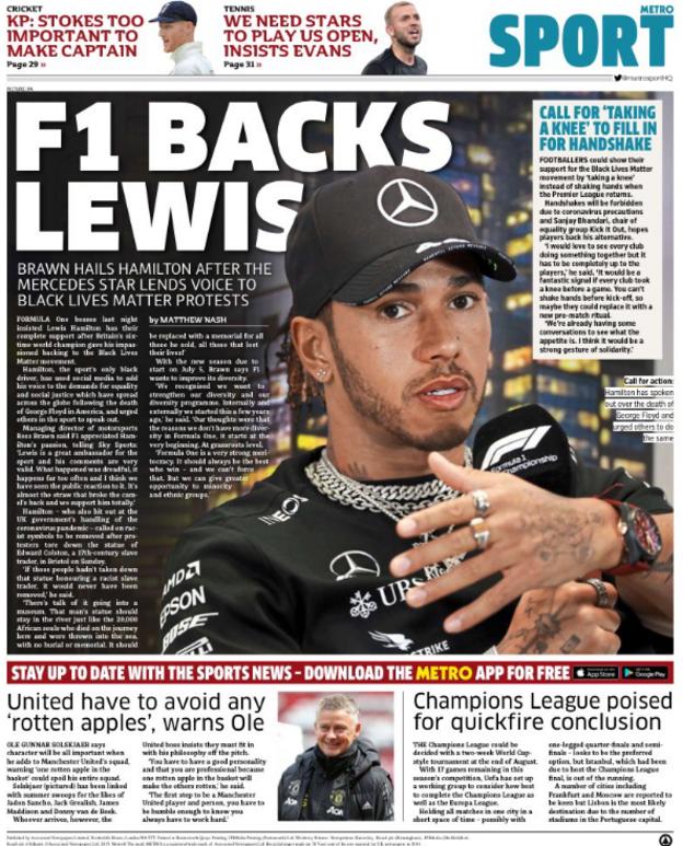 The Metro leads on Lewis Hamilton lending his voice to the Black Lives Matter protests