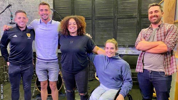 From left: Football referee Lloyd Wilson, Olympic swimmer Dan Jervis, rugby player Hannah Davis, wheelchair basketballer Laurie Williams and LGBT Sport podcast presenter Jack Murley