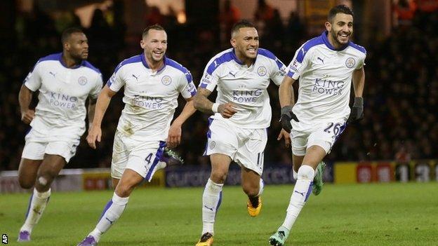 Riyad Mahrez celebrates scoring for Leicester
